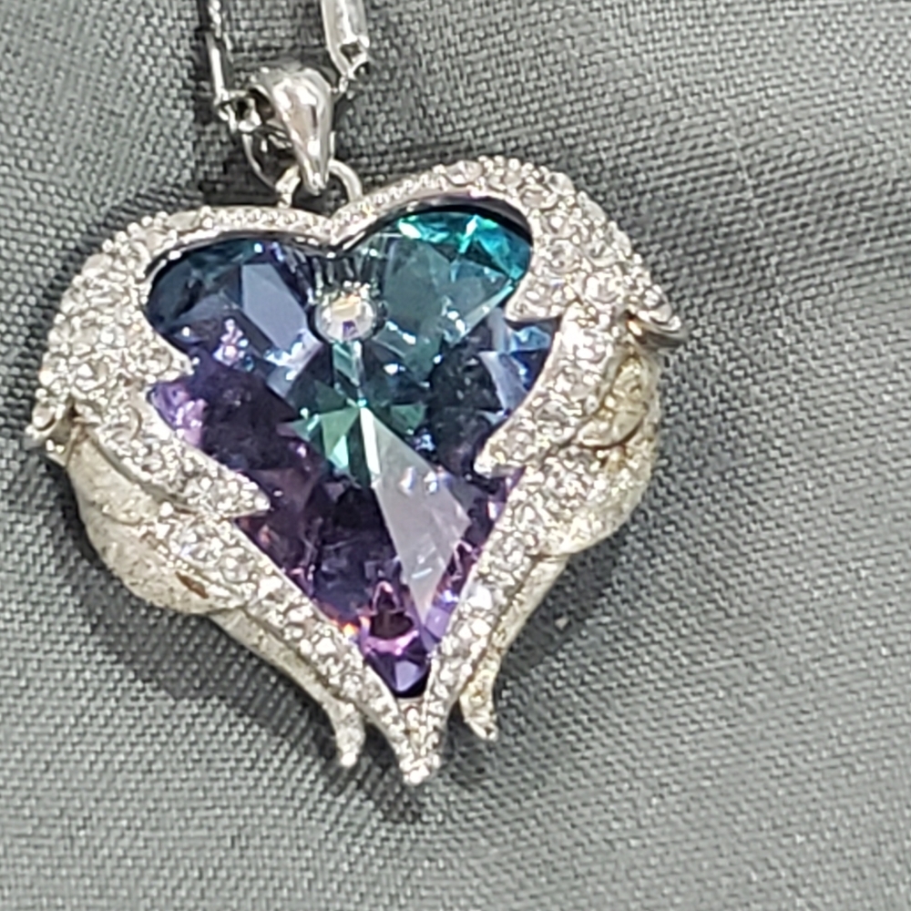 Angel Wings Love Silver White Zircon Sky Blue Crystal Pendant Necklace - Picture 7 of 13
